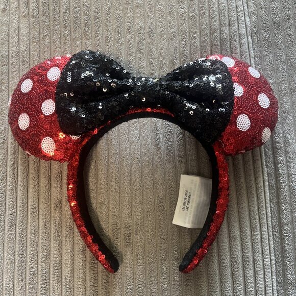 Disney Park White Bow Red Polka Dot Minnie Mouse Ears Sequins Headband Kid Adult - Picture 1 of 7